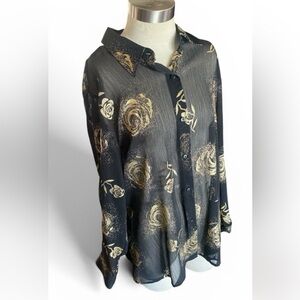 Vtg Black & Gold Roses semi sheer Button-Up women’s Shirt oversized PTP 40”